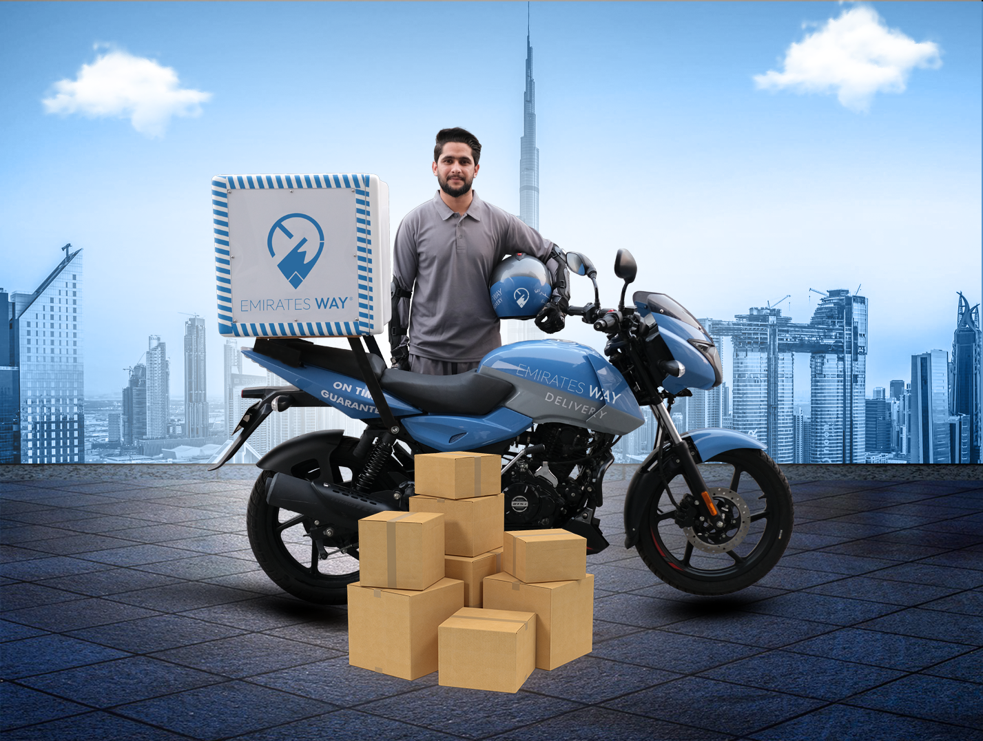 Emirates Way Delivery Services Rider with Branded Bike and Uniform
