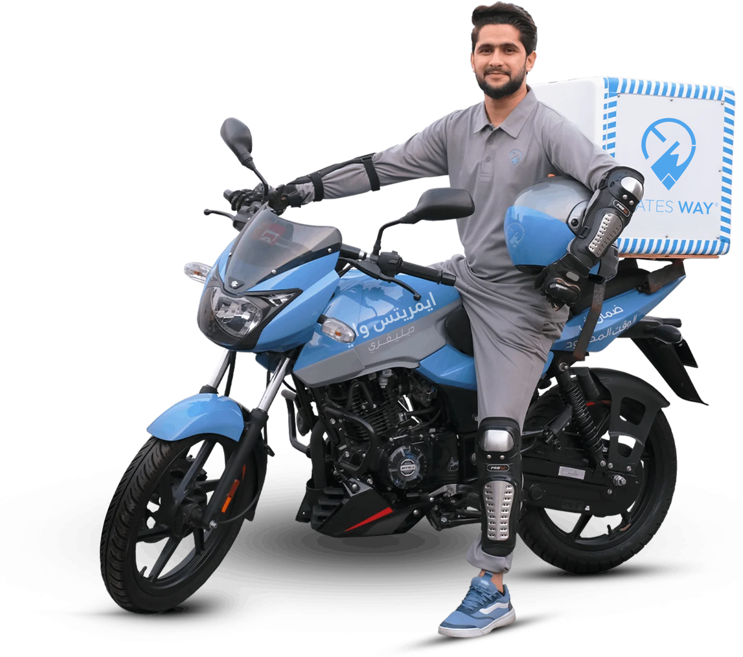 Emirates Way Delivery Services rider with branded motorbike and uniform